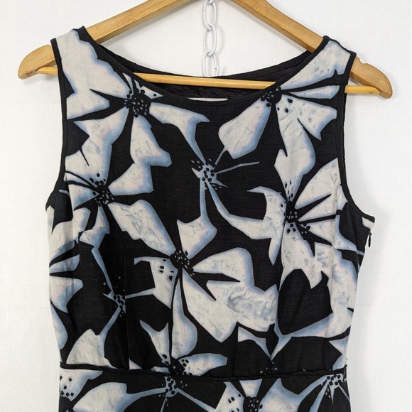 Adrianna Papell 10 Linen Blend Black White Blue Floral Sleeveless Midi Dress - Picture 3 of 13